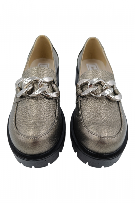 Pantofi mocasini damă, piele naturală bizon, ornament lanț, bronz. SANDALI [4]