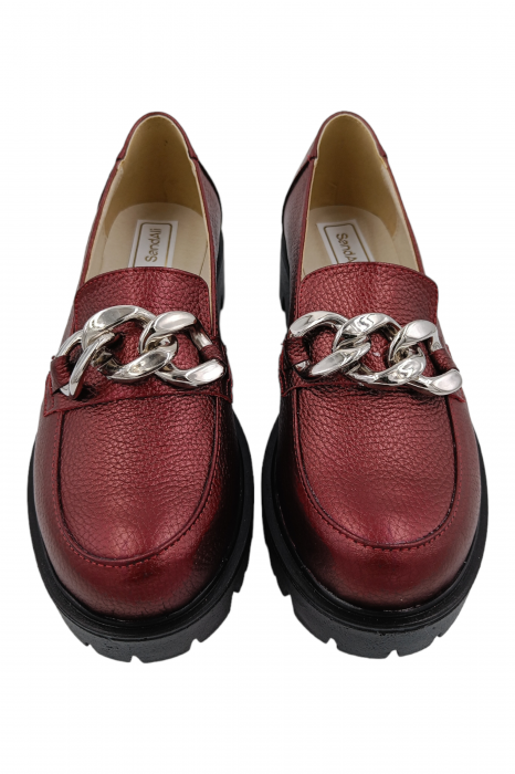 Pantofi mocasini damă, piele naturală bizon, ornament lanț, grena. SANDALI [4]