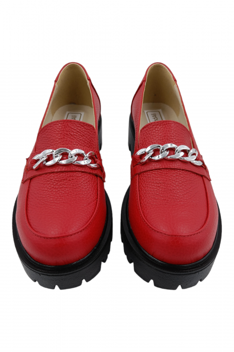 Pantofi mocasini damă, piele naturală bizon, ornament lanț, roșu. SANDALI [4]