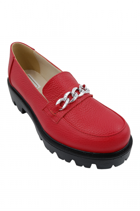 Pantofi mocasini damă, piele naturală bizon, ornament lanț, roșu. SANDALI [2]