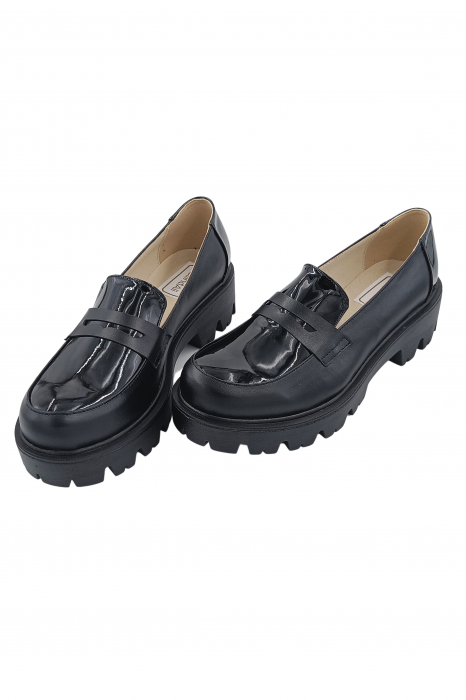 Pantofi mocasini damă, piele naturală box și lac, talpă ușoară, negru, SANDALI [4]