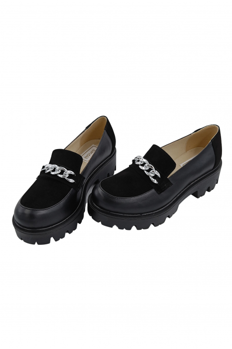 Pantofi mocasini damă, piele naturală box, piele velur, ornament lanț, negru. SANDALI [4]