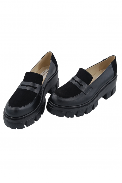 Pantofi mocasini damă, piele naturală box, piele velur, talpă ușoară cu crampoane, negru, SANDALI [4]