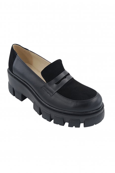 Pantofi mocasini damă, piele naturală box, piele velur, talpă ușoară cu crampoane, negru, SANDALI [2]