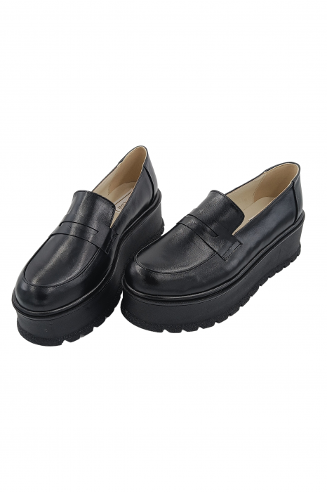 Pantofi mocasini damă, piele naturală box, talpă ușoară înaltă, negru, SANDALI [4]