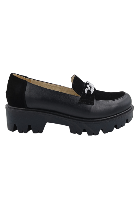 Pantofi mocasini damă, piele naturală box si velur, ornament lanț, negru, 37 [1]