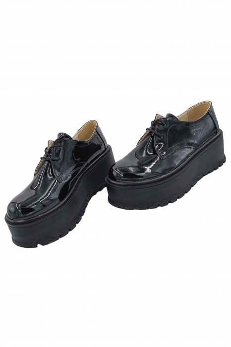 Pantofi oxford damă, piele naturală lăcuită, talpă ușoară înaltă, negru, SANDALI [4]