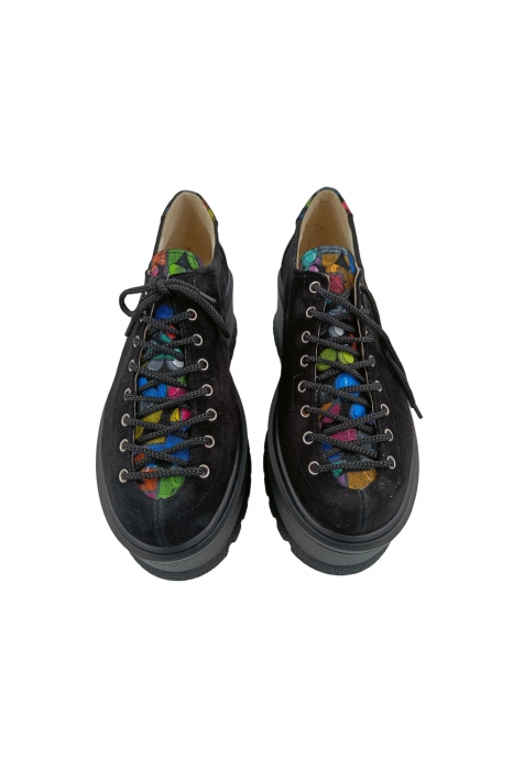 Pantofi oxford damă, piele naturală velur, talpă înaltă, negru, buline colorate, Sandali [3]