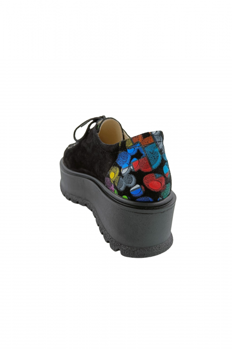 Pantofi oxford damă, piele naturală velur, talpă înaltă, negru, buline colorate, Sandali [2]