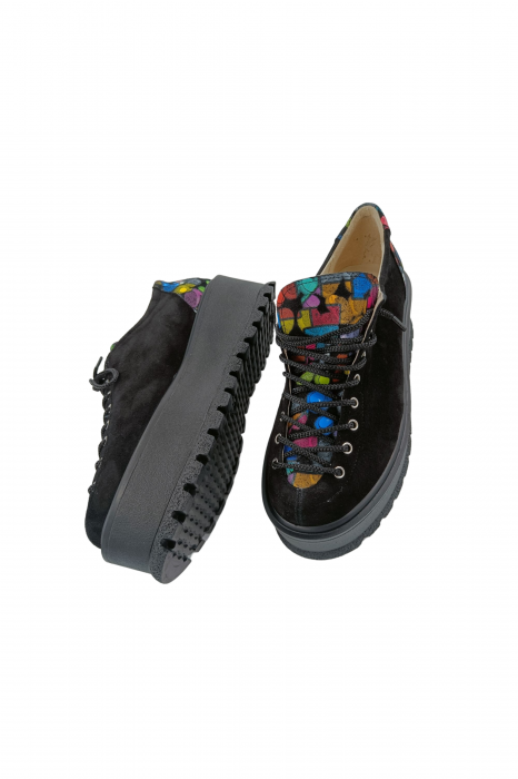 Pantofi oxford damă, piele naturală velur, talpă înaltă, negru, buline colorate, Sandali [4]