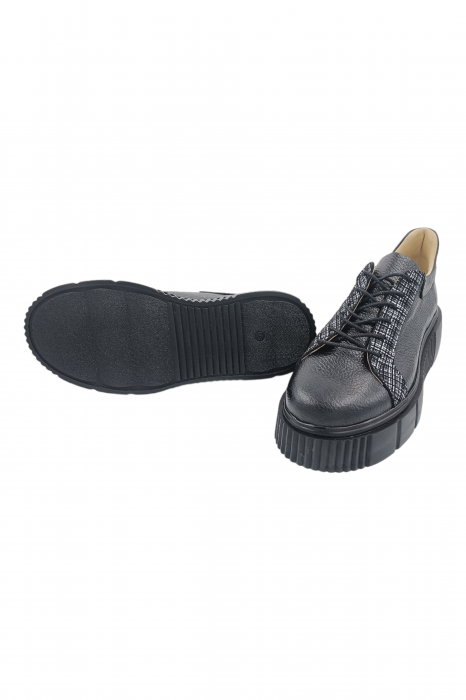 Pantofi damă fara toc, piele naturală bizon, talpă înaltă, carouri, negru, Sandali [6]