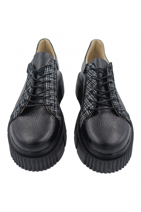 Pantofi damă fara toc, piele naturală bizon, talpă înaltă, carouri, negru, Sandali [4]