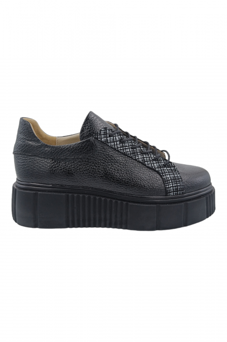 Pantofi damă fara toc, piele naturală bizon, talpă înaltă, carouri, negru, Sandali [2]
