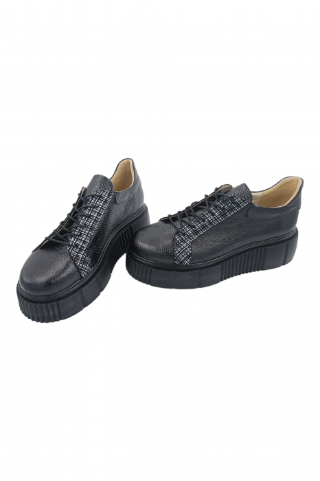 Pantofi damă fara toc, piele naturală bizon, talpă înaltă, carouri, negru, Sandali [5]