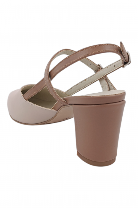 Pantofi sanda dama eleganti, piele naturala, cu catarame camel, toc gros, bej [3]