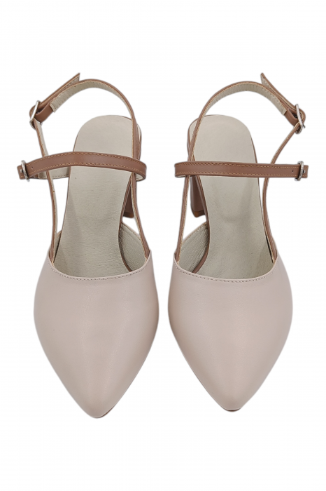Pantofi sanda dama eleganti, piele naturala, cu catarame camel, toc gros, bej [4]