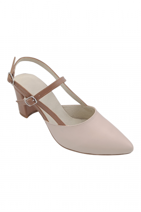 Pantofi sanda dama eleganti, piele naturala, cu catarame camel, toc gros, bej [2]