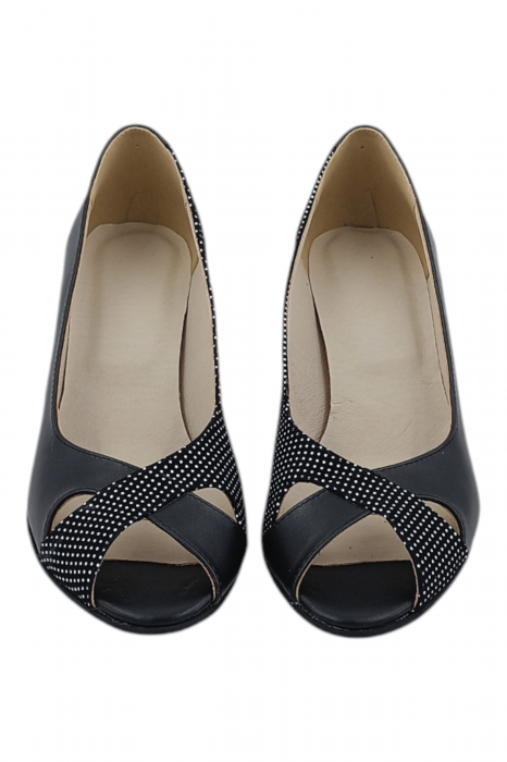 Pantofi sanda damă eleganți, piele naturală cu imprimeu buline albe, vârf decupat, toc conic, negru [4]