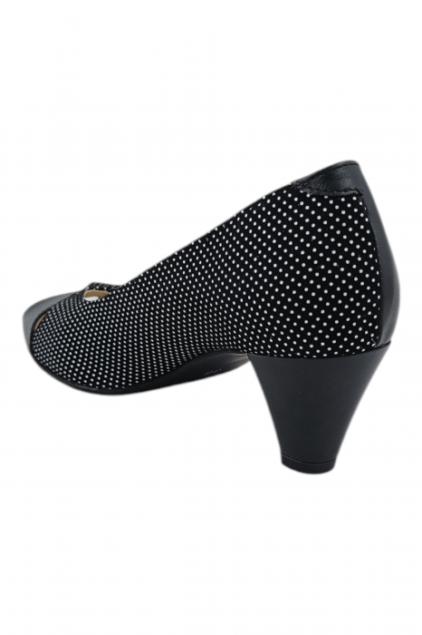 Pantofi sanda damă eleganți, piele naturală cu imprimeu buline albe, vârf decupat, toc conic, negru [3]