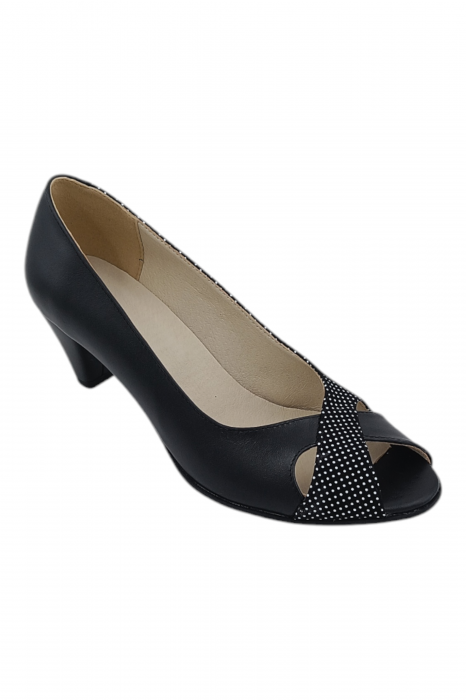 Pantofi sanda damă eleganți, piele naturală cu imprimeu buline albe, vârf decupat, toc conic, negru [2]
