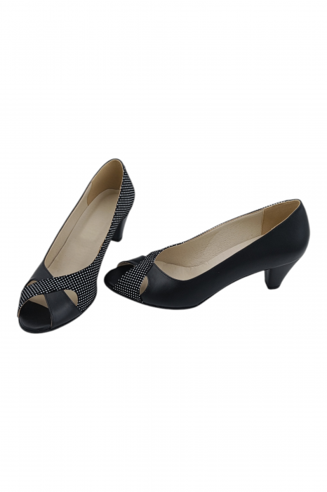Pantofi sanda damă eleganți, piele naturală cu imprimeu buline albe, vârf decupat, toc conic, negru [5]