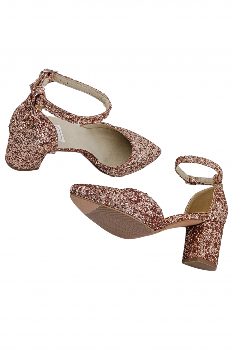 Pantofi sanda dama eleganti, piele naturala glitter roz, toc gros imbracat, bej. SANDALI [4]