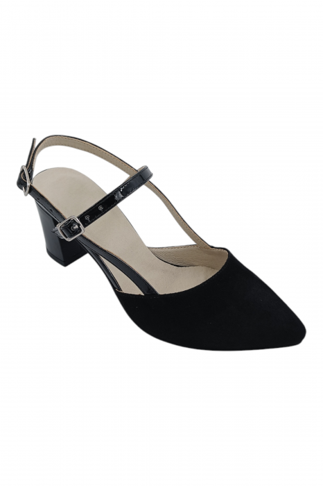 Pantofi sanda dama eleganti, piele naturala intoarsa, cu catarame lacuite, toc gros, negru [2]
