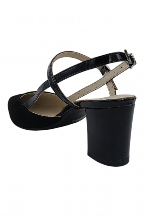 Pantofi sanda dama eleganti, piele naturala intoarsa, cu catarame lacuite, toc gros, negru [3]