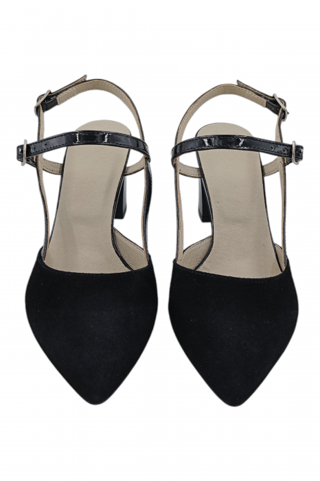 Pantofi sanda dama eleganti, piele naturala intoarsa, cu catarame lacuite, toc gros, negru [4]