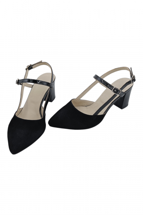 Pantofi sanda dama eleganti, piele naturala intoarsa, cu catarame lacuite, toc gros, negru [5]