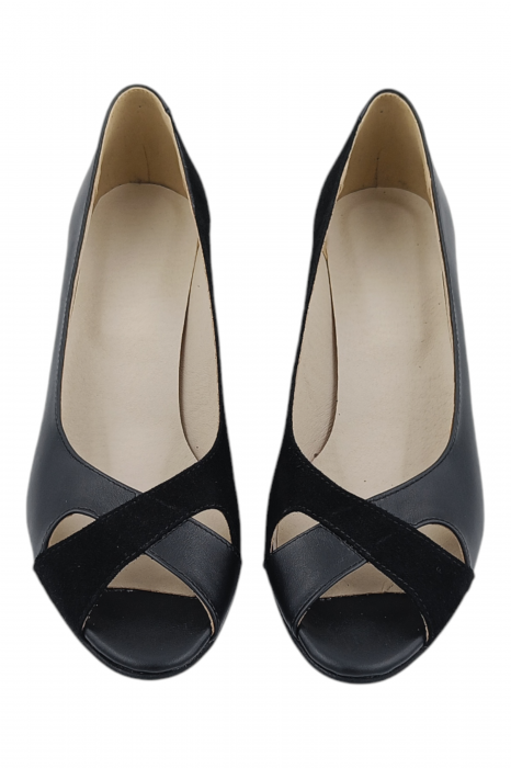 Pantofi sanda damă eleganți, piele naturală și piele întoarsă, vârf decupat, toc conic, negru [4]