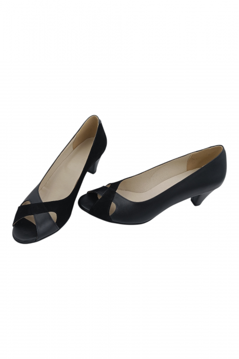 Pantofi sanda damă eleganți, piele naturală și piele întoarsă, vârf decupat, toc conic, negru [5]