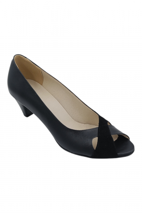 Pantofi sanda damă eleganți, piele naturală și piele întoarsă, vârf decupat, toc conic, negru [2]