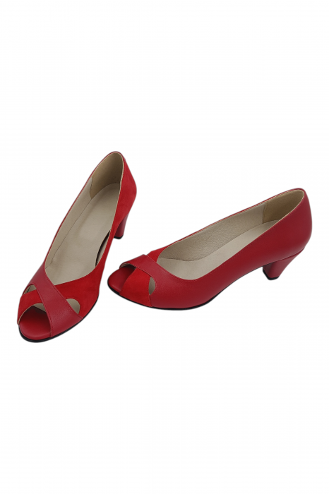 Pantofi sanda damă eleganți, piele naturală și piele întoarsă, vârf decupat, toc conic, roșu [5]