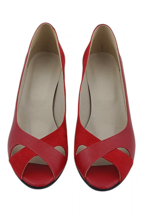 Pantofi sanda damă eleganți, piele naturală și piele întoarsă, vârf decupat, toc conic, roșu [4]