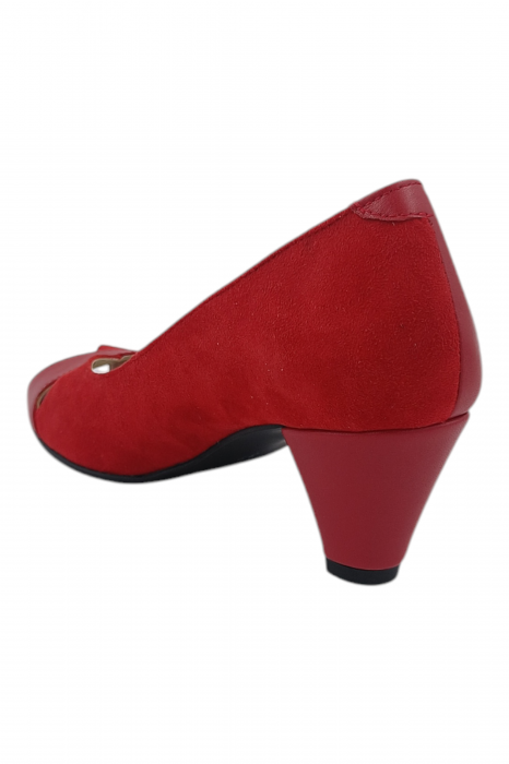 Pantofi sanda damă eleganți, piele naturală și piele întoarsă, vârf decupat, toc conic, roșu [3]