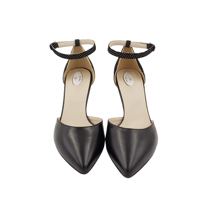 Pantofi sanda dama eleganti, piele naturala, toc cui, imbracat, negru cu buline albe, Sandali [3]