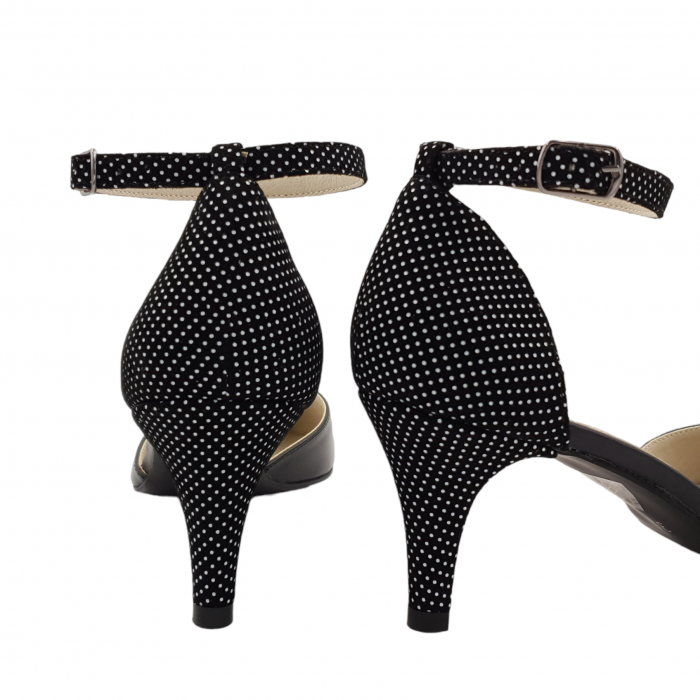 Pantofi sanda dama eleganti, piele naturala, toc cui, imbracat, negru cu buline albe, Sandali [4]