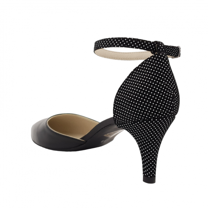 Pantofi sanda dama eleganti, piele naturala, toc cui, imbracat, negru cu buline albe, Sandali [2]