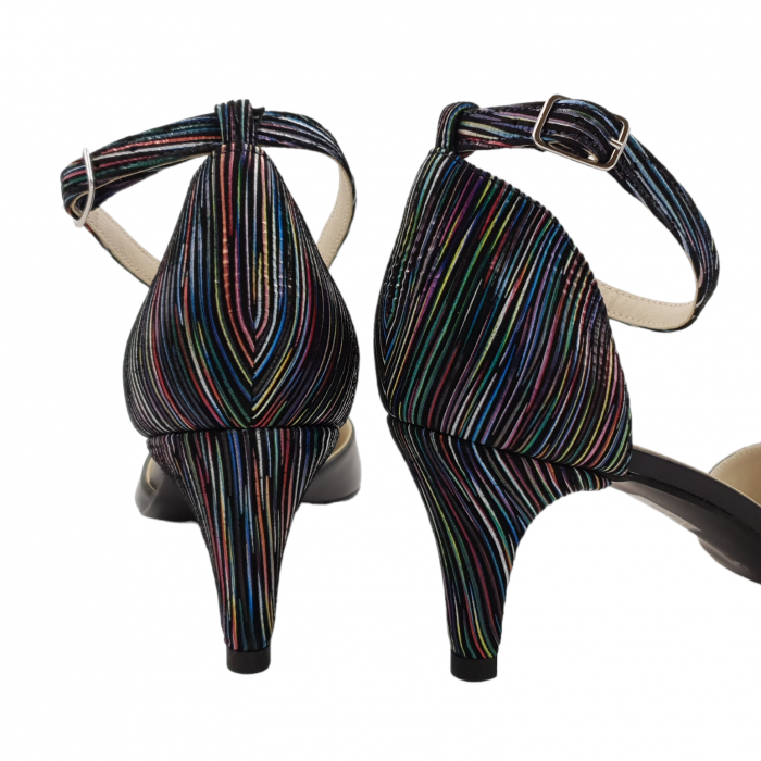 Pantofi sanda dama eleganti, piele naturala, toc cui, imbracat, negru cu dungi colorate, Sandali [4]