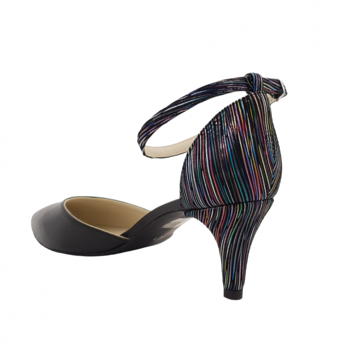 Pantofi sanda dama eleganti, piele naturala, toc cui, imbracat, negru cu dungi colorate, Sandali [2]