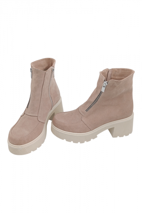 Ghete damă casual, piele întoarsă, cu fermoar, talpă masivă, bej, 37 [5]