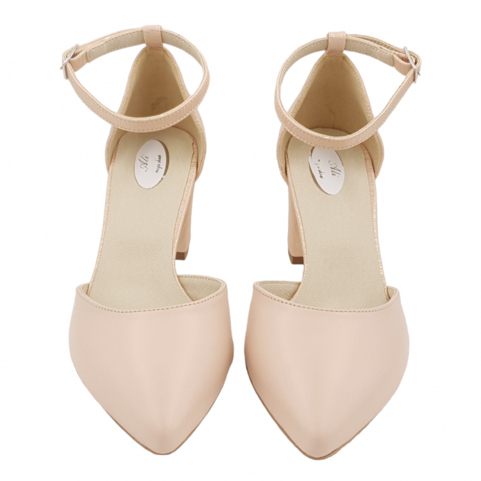 Pantofi sanda dama eleganti, piele naturala, toc gros, imbracat, bej cu linii aurii, Sandali [3]