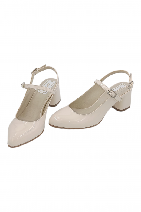 Pantofi sanda dama eleganti, piele naturala, toc gros, imbracat, bej lacuit, Sandali [5]