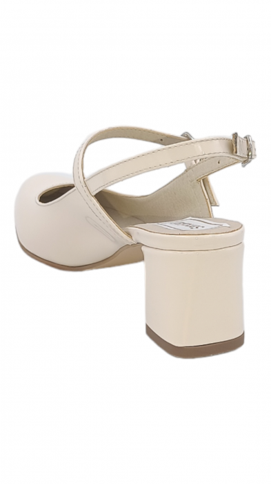 Pantofi sanda dama eleganti, piele naturala, toc gros, imbracat, bej lacuit, Sandali [3]