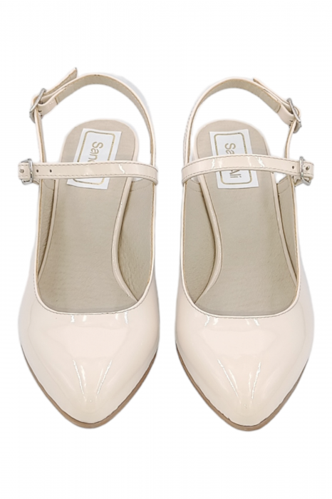Pantofi sanda dama eleganti, piele naturala, toc gros, imbracat, bej lacuit, Sandali [4]