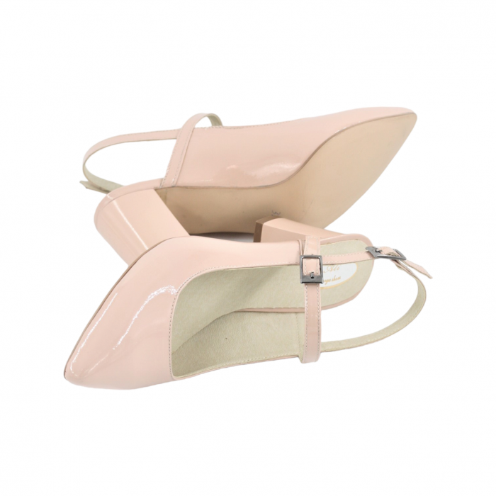 Pantofi sanda dama eleganti, piele naturala, toc gros, imbracat, bej lacuit, Sandali [4]