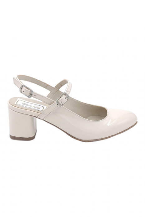 Pantofi sanda dama eleganti, piele naturala, toc gros, imbracat, bej lacuit, Sandali [2]