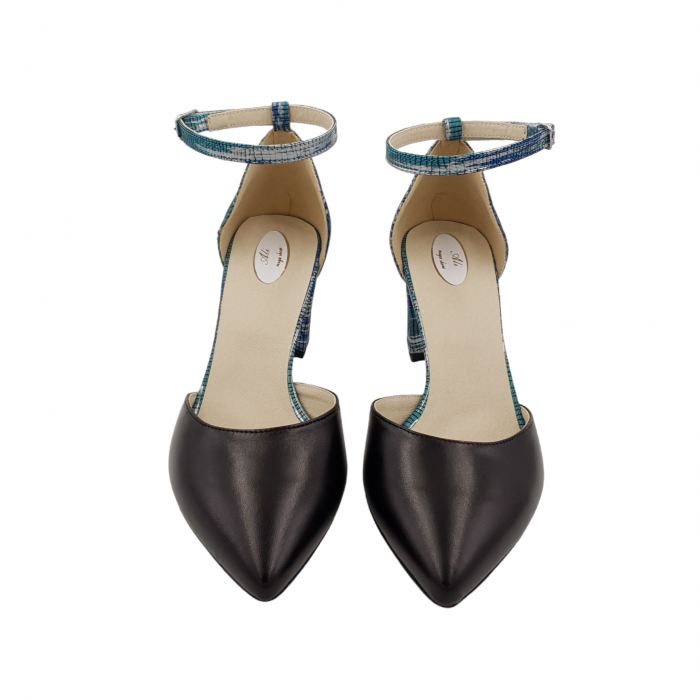 Pantofi sanda dama eleganti, piele naturala, toc gros, imbracat, negru cu argintiu, turcoaz, Sandali [3]