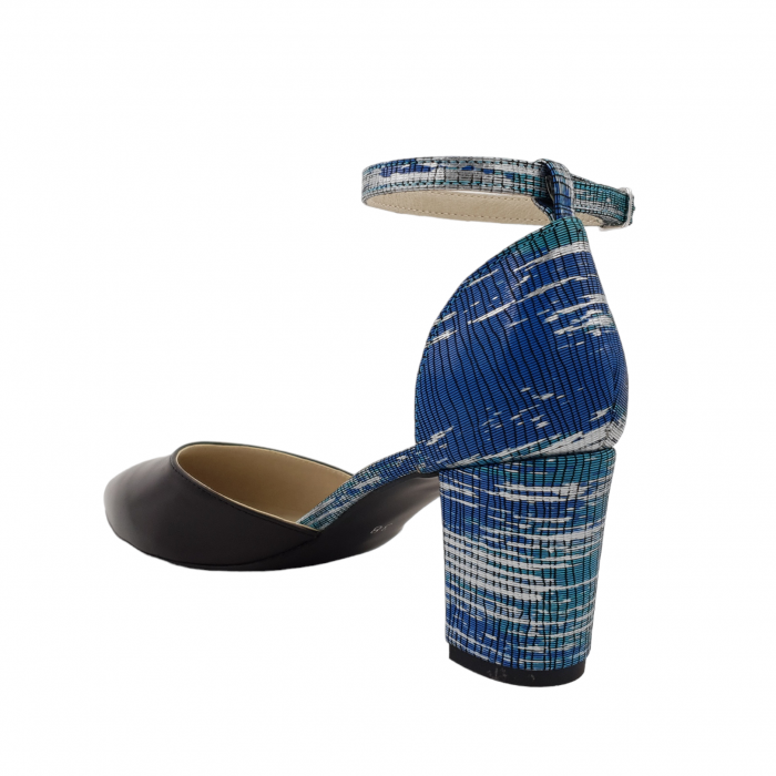 Pantofi sanda dama eleganti, piele naturala, toc gros, imbracat, negru cu argintiu, turcoaz, Sandali [2]